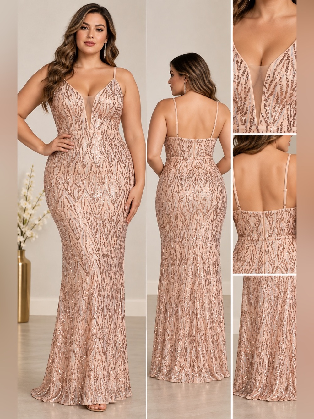 Rose Gold Sequin Formal Maxi Gown Prom Evening Dress Plus Size 1X NWT